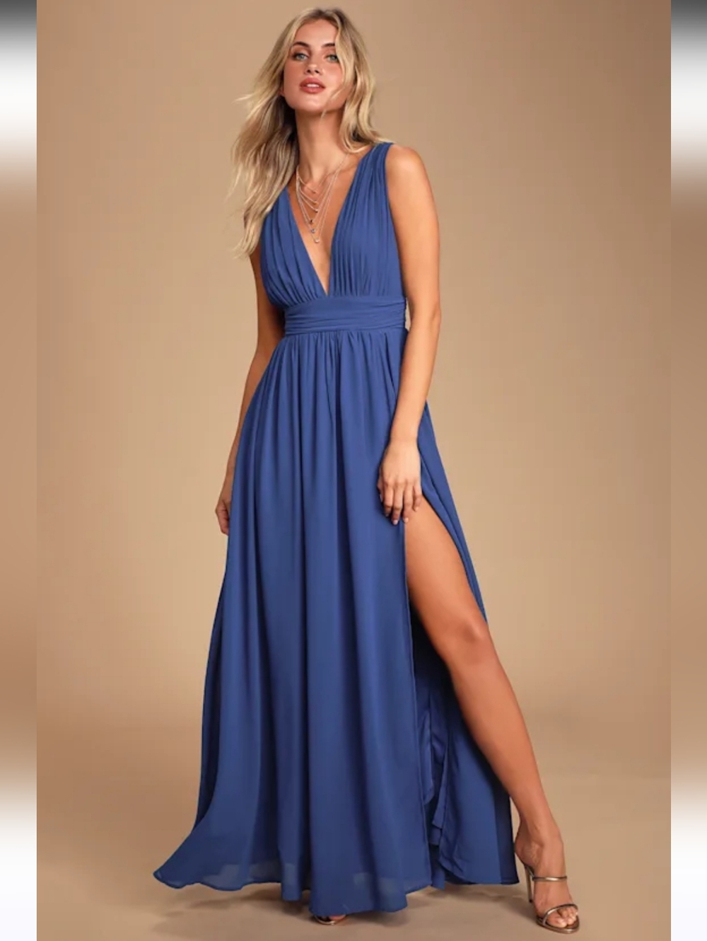 Lulus Heavenly Hues Maxi Dress Royal Blue Chiffon Grecian Deep-V Neck & Back S